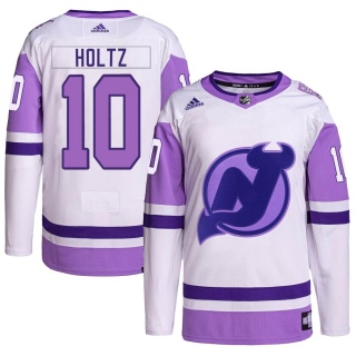 Men's Alexander Holtz New Jersey Devils Adidas Hockey Fights Cancer Primegreen Jersey - Authentic White/Purple