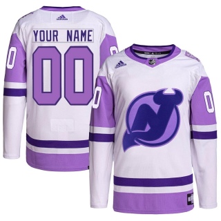 Men's Custom New Jersey Devils Adidas Custom Hockey Fights Cancer Primegreen Jersey - Authentic White/Purple