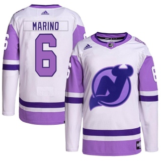 Men's John Marino New Jersey Devils Adidas Hockey Fights Cancer Primegreen Jersey - Authentic White/Purple